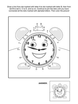 Alphabet connect the dots picture puzzle and coloring page with alarm clock. Answer included.
