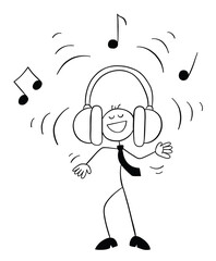 Stickman businessman character listening to loud music with big earphones, vector cartoon illustration