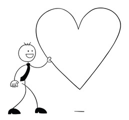 Stickman businessman character walking and holding big heart symbol, vector cartoon illustration