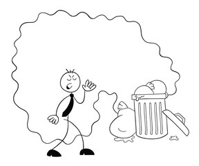 Stickman businessman character disgusted by the smell of garbage, vector cartoon illustration