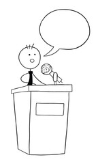Stickman businessman character speaking on the podium, vector cartoon illustration