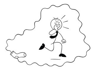 Stickman businessman character covers his nose from the nasty smell of socks and runs away, vector cartoon illustration