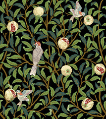Vintage birds in foliage with birds and fruits seamless pattern on dark background. Middle ages William Morris style. Vector illustration. - 442765461