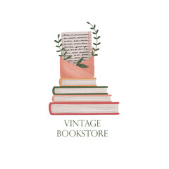 Vintage bookstore logo. Stack of books, envelope and letter, logo on white isolated background - 442765825