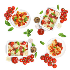 Set of tasty ravioli with tomato sauce and ingredients on white background, top view