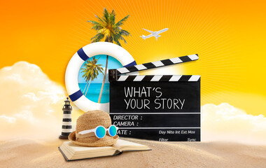 what's your story. text title on film slate. Telling a story from a traveler.
