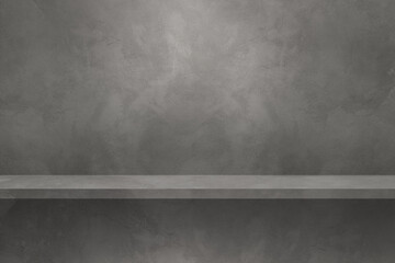 Empty shelf on a grey wall. Background template. Horizontal backdrop