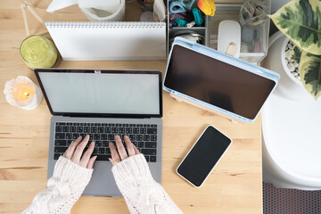 asian woman use laptop and internet for conference online and work from home