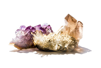 Amethyst and quartz gemstones on a white background