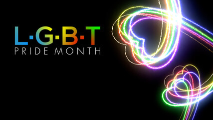 Colorful heart LGBT Pride Month symbol abstract  line blazing neon glowing on black background 