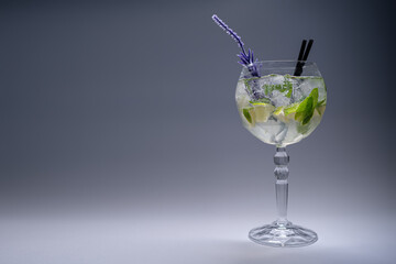 cocktail hugo or mojito with mint, lime and ice in wineglass on white background