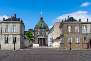 view of the Amalienborg Palaces and the Frederiks Church in downtown Copenhagen