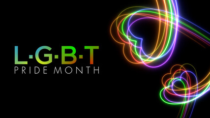 Colorful heart LGBT Pride Month symbol abstract  line blazing neon glowing on black background 