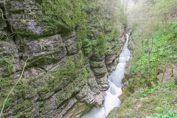 Kurdzhips river in the deep narrow Guam canyon. Western Caucasus. Russia.