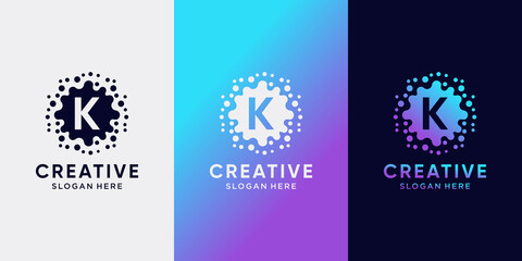 Creative monogram molecule logo design initial letter K with dot concept