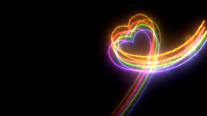 Colorful heart LGBT Pride Month symbol abstract  line blazing neon glowing on black background 
