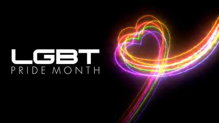 Colorful heart LGBT Pride Month symbol abstract  line blazing neon glowing on black background 