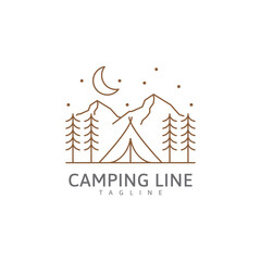 Camping logo or illustration in line style, tent and mountain at night vector design template