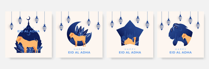 Eid Al Adha Mubarak Background. Eid al adha mubarak bakrid festival with goat and mosque. Islamic design illustration concept for Happy eid al adha or sacrifice celebration event with people character