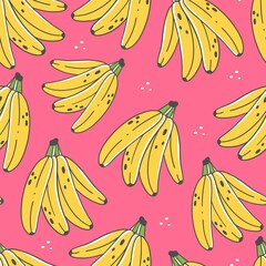 Seamless pattern with bananas in cute cartoon doodle style. Illustration with a bunch of bananas on a pink background.