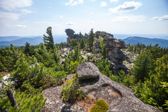 View from the remnants pillars on Mount Zelenaya in Sheregesh, Russia