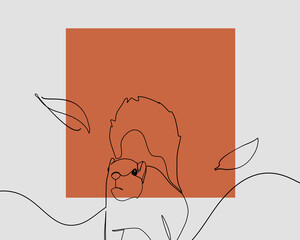 Continuous line, Cute squirrel. Autumn forest. Drawing of set Animals. (Vector illustration one line drawing)