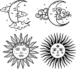Vector illustration set of moon phases. Sun with the moon on a White background. Esoteric vector
