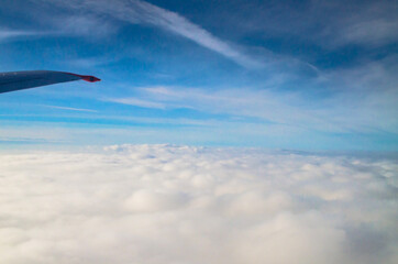 The wing of an airplane flying in the sky above the clouds
