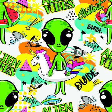 Hand drawn alien pattern. Cool summer alien background for textile,  fashion, sport, graphic tees Stock Vector | Adobe Stock