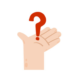 Question mark in hand. Advice and help. Solution to problem. Human palm.