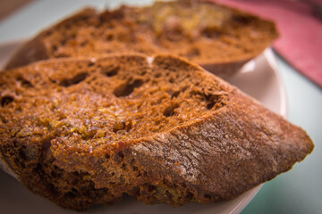 Toasted rye bread in a plate close-up. Morning breakfast.