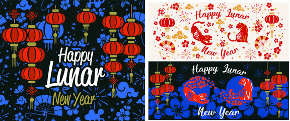 set Happy Chinese New Year, with gold paper cutout and craft style on colored background for greeting card, red lanterns on a night background