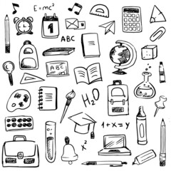 Vector set of doodle hand drawn study supply, objects for learning at school or university