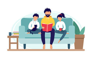 Stay home during the coronavirus epidemic. Dad reading for kids on the couch. Family sitting on the sofa with book. Illustration in flat style for father's day. Self-isolation.
