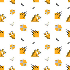 Vector seamless geometric pattern. Abstract shapes and forms as elements of retro design. Background with icons of triangles, parallel lines and zigzags.