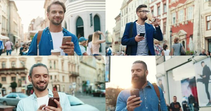 Collage camera portrait of different male people walking on the street with smartphones and coffee. They browsing mobile apps or looking thie route at the summer day. Collage faces