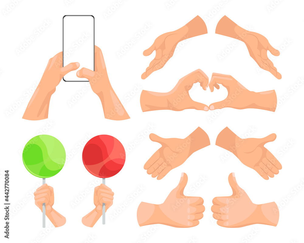 Poster human hands showing different gestures, holding various objects in hand.