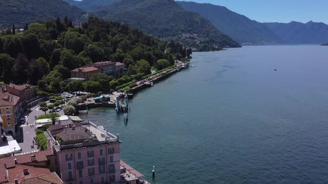 Aerial landscape from the drone on a sunny day of Como lake in Bellagio, north Italy, Lombardy