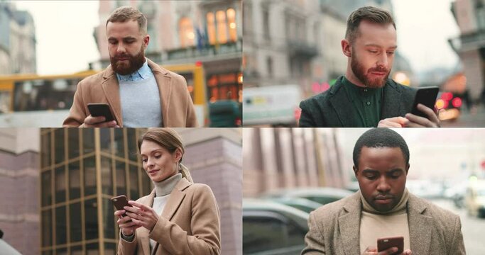Collage multi camera portrait of business people on the street with smartphones. They browsing mobile apps or typing messages through the Internet while walking. Collage faces