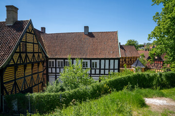 historic half-timbered houses in the old town center of Aarhus