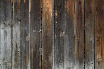Texture of a wooden wall close-up.
Natural wood background.
Old light gray wooden wall of a house made of vertical planks in the countryside.