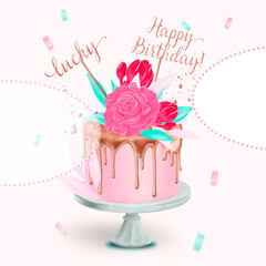 happy birthday card with cake decorated with roses and toppers happy birthday and lucky. space for additional text. on a white background with  and sweets. pink cake