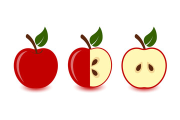 Red apple icons set, whole, cut and half fresh, juicy, ripe fruit. Vector illustration isolated.