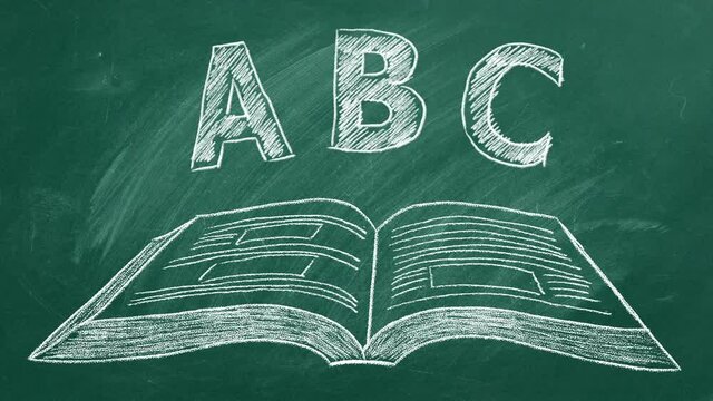 ABC letters with open book in chalk on blackboard. Elementary school. Education concept. English learning. Back to school