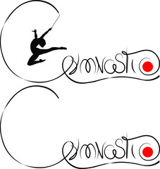 human silhouette, gymnast in an exercise with a ribbon, jump, black and white drawing