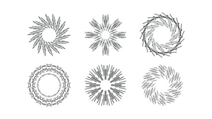 Set Abstract Collection Starburst Sunburst Sunset Black Line Doodle Design Elements Bursting Rays Sunrise Light Radiant Spark Vector Design Style