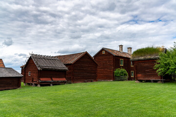 Fototapeta na wymiar idyllic red cottages in the Swedish countryside with green meadows on a beautiful summer day