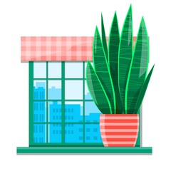 Isolated window with houseplant. Sansevieria on the windowsill. Image of the city outside the window. Bright colours.