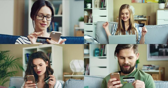 I love shopping. Collage of domestic people shopping online with smartphone at the sofa and rejoicing of something. People holding credit cards and sharing their great emotions. Online shopping