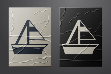 White Yacht sailboat or sailing ship icon isolated on crumpled paper background. Sail boat marine cruise travel. Paper art style. Vector